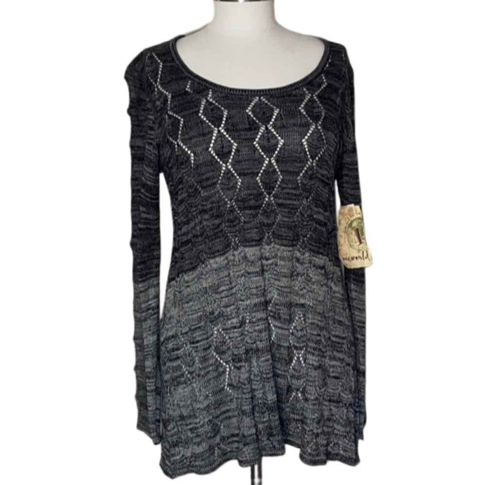 One World - Open Weave Gray Acrylic Sweater - L